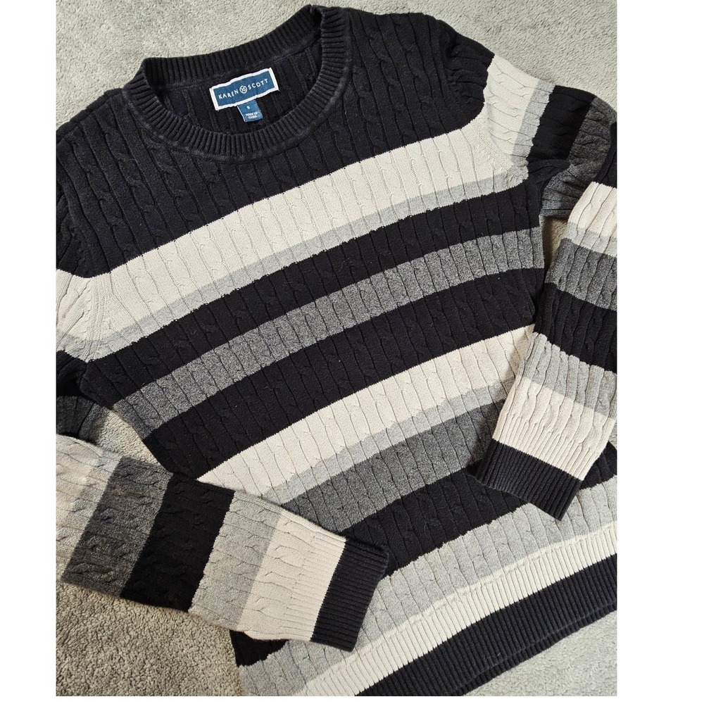 S Black Grey White Striped Cable Knit Cotton preppy cottagecore grandmacore y2k